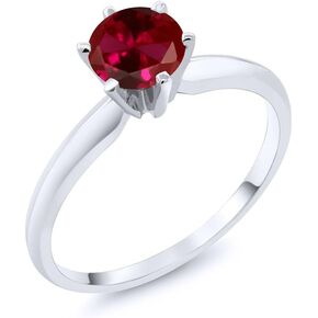 Gem Stone King 14K White Gold Red Created Ruby Women Engagement Solitaire 6-Prong Ring (1.00 Cttw, Gemstone Birthstone)