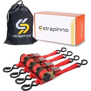 Strapinno Retractable Ratchet Straps 1 in x 10 ft, Secure Tie-Downs with Rubber-Coated Handles & S-Hooks, For Moving Motorcycle, Bike, Kayak, Cargo & Daily Use- Breaking Strength 1,500LBS/680KG (4PCS)