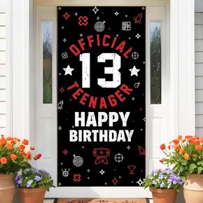 Happy 13th Birthday Decoration for Boys Girls, Fabric Official Teenager Backdrop Banner Red White, 13 Year Old Birthday Party Yard Sign Photo Props Door Decor Supplies for Outside Inside