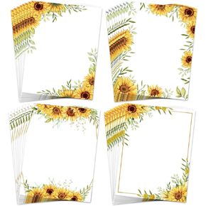 AnyDesign 48 Sheet Sunflower Border Stationery Writing Paper Watercolor Sunflower Letterhead Paper Floral Border Greeting Paper for Wedding Party Invitations School Printing, 8.5 x 11 Inch