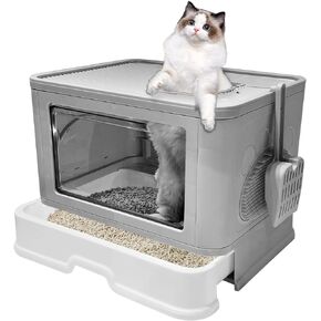 Kattypet Foldable Cat Litter Box, Enclosed Kitty Litter Box, Top Entry Anti-Splashing, Cat Toilet Easy to Clean, Extra Large Covered Cat Litter Box with Litter Bursh and Scoop