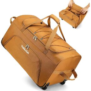 TUGUAN Foldable Duffel Bag with Wheels, 110L Rolling Travel Duffle Bag with Bungee, 28 Inch Large Packable & Collapsible Carry on Luggage for Storage Traveling Camping, Brown