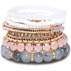 Stackable MultiLayer Bohemian Crystal Bead Bracelets Set for Women Girls Handmade Colorful Gold Beads Natural Stone String Stretch Bangles Friendship Holiday Beach Anklets Jewelry 8 pieces