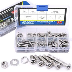 Glarks 280-Pieces M4 Pan Head Phillips Stainless Steel Screws Bolts Nuts Lock and Flat Gasket Washers Assortment Kit