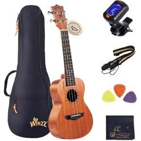 WINZZ Ukulele, 21 Inches Professional Wooden Ukulele Kit with Free Online Lessons, Bag, Tuner, Strap, Extra Strings Set, Fingerboard Sticker, Small Starter Hawaiian Guitar Instrument Bundle
