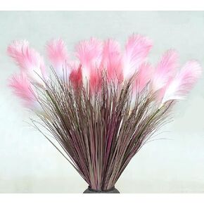Artificial Grass 37.4 inches Tall Artificial Onion Grass with Reeds Faux Pampas Foxtail Plant Greenery Shrubs for Indoor and Outdoor Home Garden Decoration (Grey/Pink - 4 Packs)