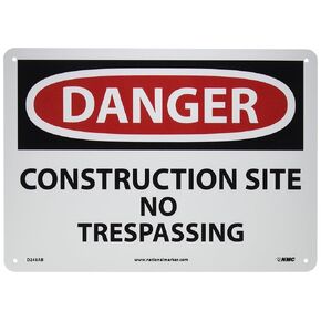 NMC D248PB DANGER - CONSTRUCTION SITE NO TRESPASSING Sign - 14 in. x 10 in. PS Vinyl Danger Signage, Black/White Text on White/Red Base