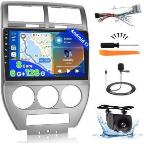Hikity 6+128GB Android 13 Radio for 2007-2010 Jeep Compass Patriot with Wireless Carplay, 10.1'' Touch Screen Stereo Dash Kit, Android Auto/32EQ DSP/Bluetooth 5.0/GPS/WiFi/SWC, Backup Camera MIC