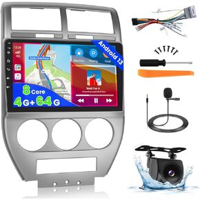Hikity 6+128GB Android 13 Radio for 2007-2010 Jeep Compass Patriot with Wireless Carplay, 10.1'' Touch Screen Stereo Dash Kit, Android Auto/32EQ DSP/Bluetooth 5.0/GPS/WiFi/SWC, Backup Camera MIC