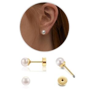 1Pairs Flat Back Dainty Pearl Earrings for Women - 14K Gold Hypoallergenic Cartilage Earring 5mm Faux Pearl Stud Earrings Screw Back Gold Stud Earrings for Women, Suitable Gifts for Women and Girl