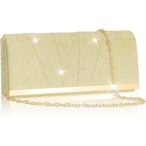Larcenciel Gold Clutch Purse for Women Trendy, Glitter Pleated Evening Bags w/Chain, Formal Ladies Handbags Sequin Shoulder Crossbody Wallets for Cocktail Date Night Dress Party Club Party,9×4.7×2in