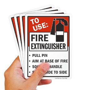 SmartSign 5" x 3.5" 'to Use Fire Extinguisher Pull Pin Aim at Base Squeeze Handle Sweep Side to Side' Sticker Label with Symbol, 3 mil Laminated Adhesive Polyester, Red/Black/White, USA-Made