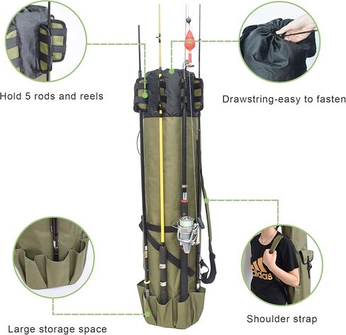 LINOCA حقيبة صنارة الصيد حقيبة تخزين قضيب الصيد تحمل 5 أقطاب حقيبة سفر مقاومة للماء خفيفة الوزن حقيبة تخزين أدوات الصيد سعة كبيرة منظم معدات الصيد هدية للرجال in Kuwait
