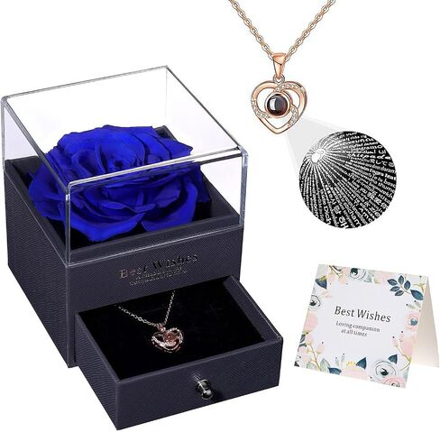 YIZHI Preserved Flower Real Rose Gift Eternal Handmade Rose with I Love You Necklace Jewelry Box Gift for Mother's Day Valentine's Day Anniversary Birthday (Blue) in Saudi Arabia