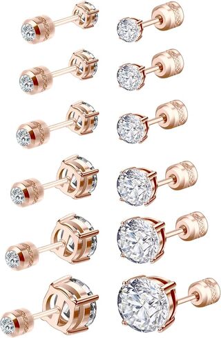 PierceNest 6 Pairs Stud Earrings for Women, Surgical Steel Earrings Set Lightweight and Trendy 316L CZ Cartilage Earlobes Hypoallergenic(Rose Gold) in Saudi Arabia