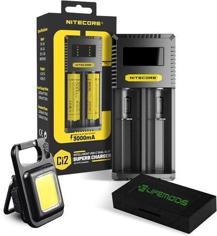 Nitecore Ci2 Intelligent Dual-Slot USB-C QC/PD Quick Battery Charger for Li-Ion/Ni-MH/Ni-Cd, Compatible with 14500, 16340, 18350, 18650, Includes Battery Case and COB Flashlight. in Saudi Arabia