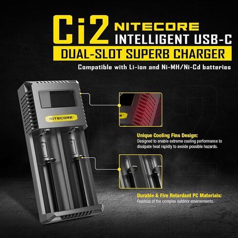 Nitecore Ci2 Intelligent Dual-Slot USB-C QC/PD Quick Battery Charger for Li-Ion/Ni-MH/Ni-Cd, Compatible with 14500, 16340, 18350, 18650, Includes Battery Case and COB Flashlight. in Saudi Arabia