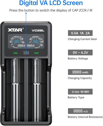 شاحن بطارية عالمي XTAR VC2SL شاشة LCD شاحن ذكي سريع للبطاريات القابلة لإعادة الشحن Ni-MH Ni-Cd AA AAA Li-ion IMR in Kuwait