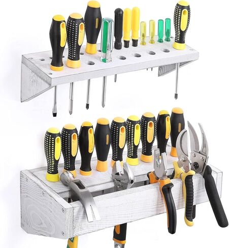 LIANTRAL Screwdriver Wrench Holder Organizer, Wall Mount Wood Hand Tool Hammer Pliers Storage Rack, 2-Pack (gray-whitewash) in Kuwait