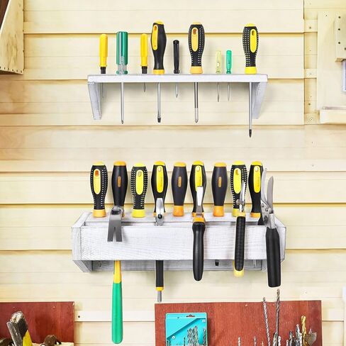 LIANTRAL Screwdriver Wrench Holder Organizer, Wall Mount Wood Hand Tool Hammer Pliers Storage Rack, 2-Pack (gray-whitewash) in Kuwait