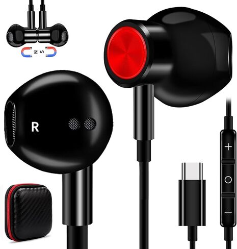 سماعات رأس USB C لهواتف iPhone 15 وSamsung A55 A54 A53 A35 Galaxy S24 Ultra S23 FE S22 S21 سماعات أذن سلكية مغناطيسية هاي فاي من النوع C مع ميكروفون للتحكم في سماعات iPad Pro Air Pixel 8 7 6A OnePlus 12 in Kuwait