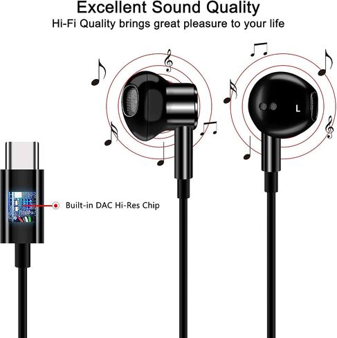 سماعات رأس USB C لهواتف iPhone 15 وSamsung A55 A54 A53 A35 Galaxy S24 Ultra S23 FE S22 S21 سماعات أذن سلكية مغناطيسية هاي فاي من النوع C مع ميكروفون للتحكم في سماعات iPad Pro Air Pixel 8 7 6A OnePlus 12 in Kuwait