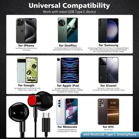 سماعات رأس USB C لهواتف iPhone 15 وSamsung A55 A54 A53 A35 Galaxy S24 Ultra S23 FE S22 S21 سماعات أذن سلكية مغناطيسية هاي فاي من النوع C مع ميكروفون للتحكم في سماعات iPad Pro Air Pixel 8 7 6A OnePlus 12 in Kuwait