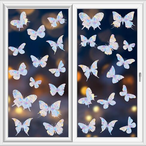 Anti-Collision Window Clings for Glass Window - 28 PCS Butterfly Rainbow Window Stickers Non Adhesive Prismatic Vinyl Decals for Privacy Bird Strike Prevention No Glue Required, 2 Sheets in Saudi Arabia