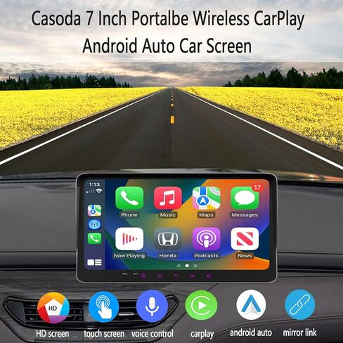 Casoda Portable Carplay Screen for Car, 7" HD Double Din Touch Screen Car Stereo Compatible with Wireless Apple CarPlay and Android Auto/Navigation/Siri/Bluetooth Fits Any Vehicles in Kuwait