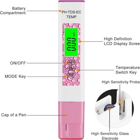 جهاز اختبار جودة المياه، مقياس الأس الهيدروجيني، جهاز قياس TDS، جهاز احترافي 4 في 1 للأس الهيدروجيني/TDS/EC/اختبار درجة الحرارة مع وظيفة تعويض درجة الحرارة، دقيق وموثوق، للشرب المنزلي وحمامات السباحة وخزانات الأسماك (وردي) in Kuwait