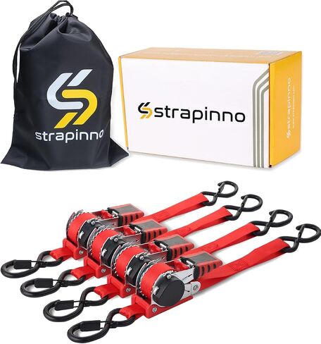 أشرطة سقاطة قابلة للسحب من Strapinno مقاس 1 × 10 أقدام، أربطة آمنة مع مقابض مغلفة بالمطاط وخطافات على شكل حرف S، لتحريك الدراجات النارية والدراجة وقوارب الكاياك والحمولة والاستخدام اليومي - قوة كسر 1500 رطل/680 كجم (4 قطع) in Kuwait