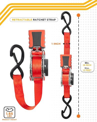 أشرطة سقاطة قابلة للسحب من Strapinno مقاس 1 × 10 أقدام، أربطة آمنة مع مقابض مغلفة بالمطاط وخطافات على شكل حرف S، لتحريك الدراجات النارية والدراجة وقوارب الكاياك والحمولة والاستخدام اليومي - قوة كسر 1500 رطل/680 كجم (4 قطع) in Kuwait