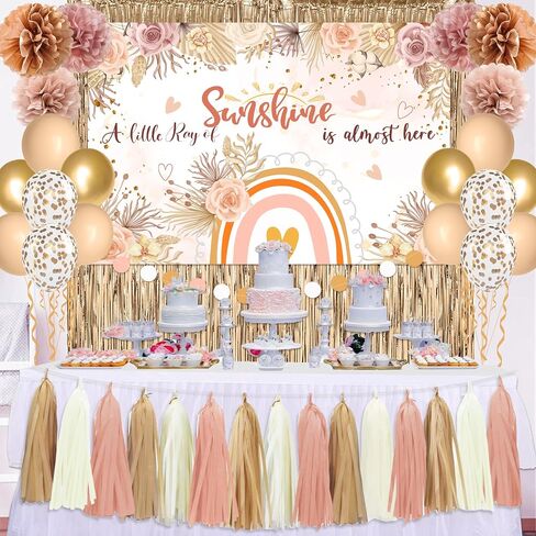 Boho Baby Shower Decorations for Girl A Little Ray of Sunshine Daisy Boho Backdrop Blush Pink Balloons Dusty Rose Paper PomPoms Champagne Fringe Curtain for Boho Rainbow Birthday Baby Shower Decor in Kuwait