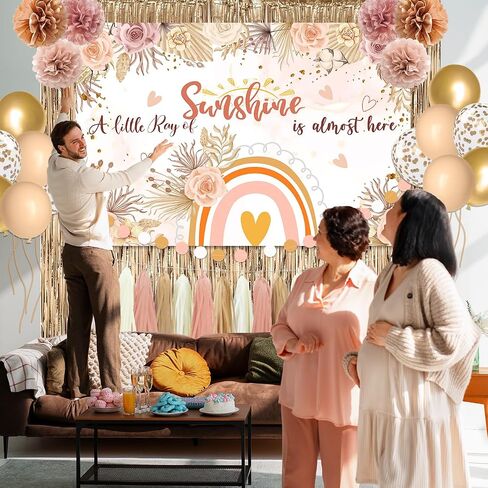 Boho Baby Shower Decorations for Girl A Little Ray of Sunshine Daisy Boho Backdrop Blush Pink Balloons Dusty Rose Paper PomPoms Champagne Fringe Curtain for Boho Rainbow Birthday Baby Shower Decor in Kuwait