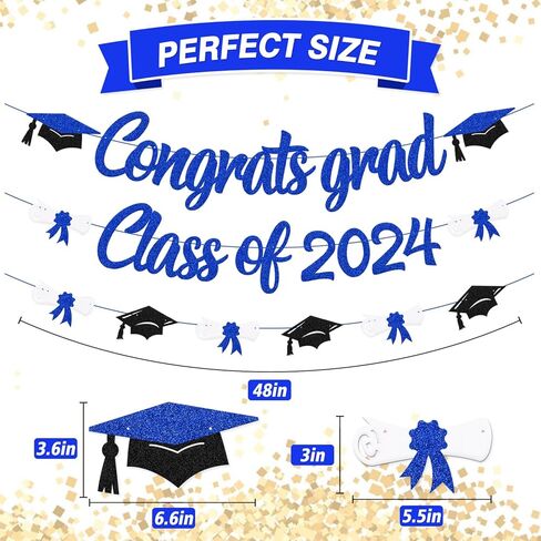 Congrats Grad Class of 2024 لافتة التخرج، قبعة الدبلوم، ديكور الحفلات للمدرسة الثانوية، الكلية، الجامعة، التخرج 2024، لوازم الحفلات (أزرق) in Kuwait