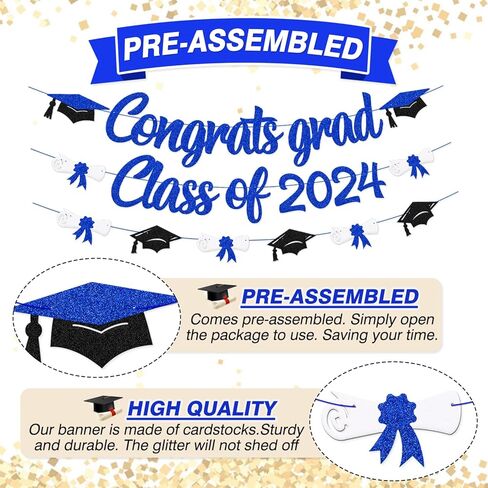 Congrats Grad Class of 2024 لافتة التخرج، قبعة الدبلوم، ديكور الحفلات للمدرسة الثانوية، الكلية، الجامعة، التخرج 2024، لوازم الحفلات (أزرق) in Kuwait