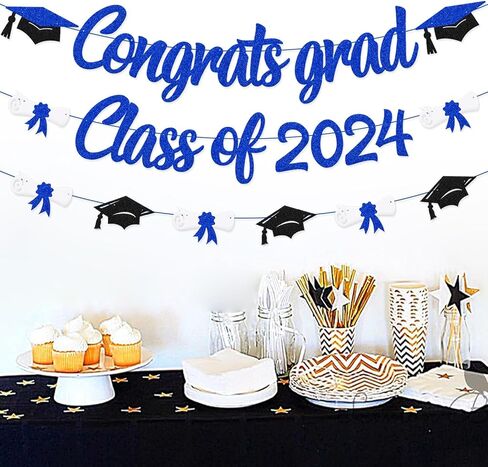 Congrats Grad Class of 2024 لافتة التخرج، قبعة الدبلوم، ديكور الحفلات للمدرسة الثانوية، الكلية، الجامعة، التخرج 2024، لوازم الحفلات (أزرق) in Kuwait