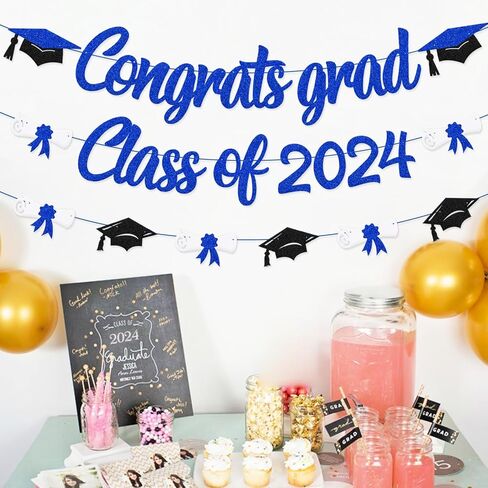 Congrats Grad Class of 2024 لافتة التخرج، قبعة الدبلوم، ديكور الحفلات للمدرسة الثانوية، الكلية، الجامعة، التخرج 2024، لوازم الحفلات (أزرق) in Kuwait