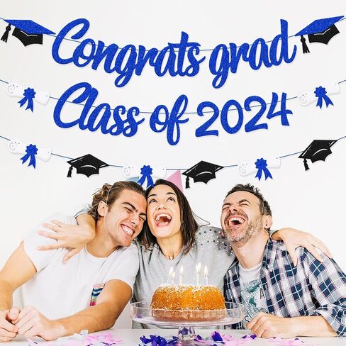 Congrats Grad Class of 2024 لافتة التخرج، قبعة الدبلوم، ديكور الحفلات للمدرسة الثانوية، الكلية، الجامعة، التخرج 2024، لوازم الحفلات (أزرق) in Kuwait
