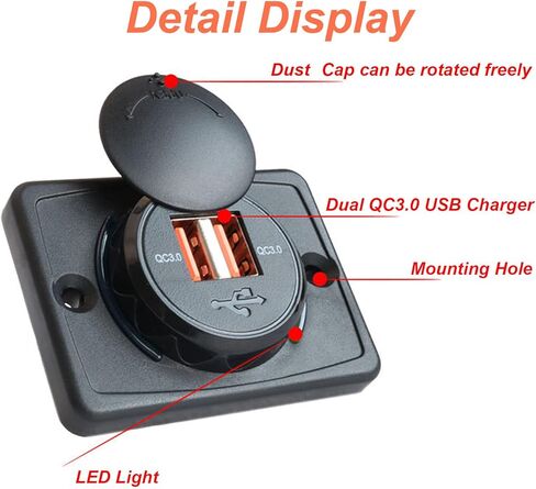 لوحة مخرج USB 12 فولت QC 3.0 مزدوج USB 36 وات مقبس شاحن سيارة سريع مخرج طاقة مع غطاء مخرج USB RV 12 فولت جدار جبل للحافلة RV قارب السيارات البحرية ATV شاحنة 12 فولت - 24 فولت (قطعة واحدة) in Kuwait