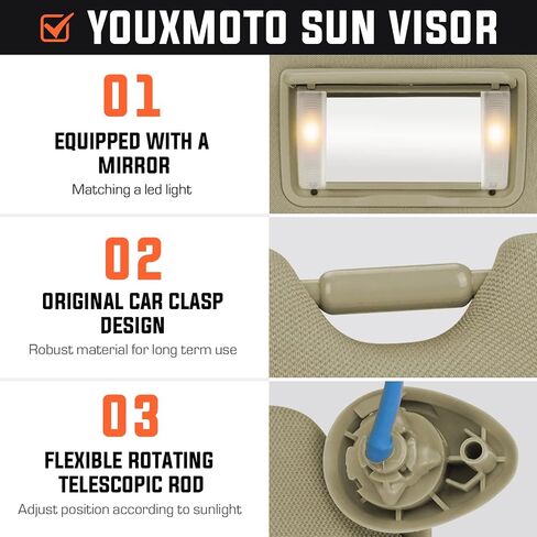 Youxmoto Left Driver Side Sun Visor Replacement for Honda Accord 2008 2009 2010 2011 2012 Beige Car Visor, Replaces# 83280TA0A91ZB, with Vanity Mirror and Light in Saudi Arabia