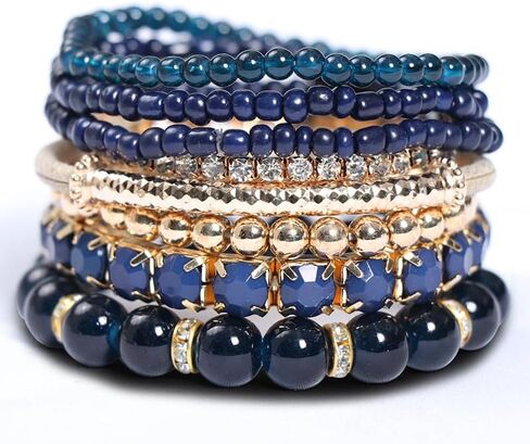 Stackable MultiLayer Bohemian Crystal Bead Bracelets Set for Women Girls Handmade Colorful Gold Beads Natural Stone String Stretch Bangles Friendship Holiday Beach Anklets Jewelry 8 pieces in Saudi Arabia