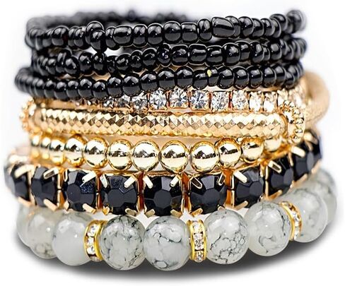Stackable MultiLayer Bohemian Crystal Bead Bracelets Set for Women Girls Handmade Colorful Gold Beads Natural Stone String Stretch Bangles Friendship Holiday Beach Anklets Jewelry 8 pieces in Saudi Arabia