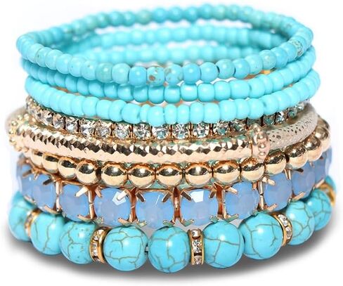 Stackable MultiLayer Bohemian Crystal Bead Bracelets Set for Women Girls Handmade Colorful Gold Beads Natural Stone String Stretch Bangles Friendship Holiday Beach Anklets Jewelry 8 pieces in Saudi Arabia