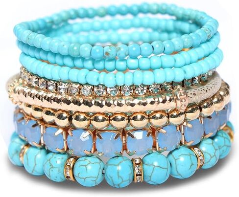 Stackable MultiLayer Bohemian Crystal Bead Bracelets Set for Women Girls Handmade Colorful Gold Beads Natural Stone String Stretch Bangles Friendship Holiday Beach Anklets Jewelry 8 pieces in Saudi Arabia