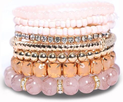 Stackable MultiLayer Bohemian Crystal Bead Bracelets Set for Women Girls Handmade Colorful Gold Beads Natural Stone String Stretch Bangles Friendship Holiday Beach Anklets Jewelry 8 pieces in Saudi Arabia
