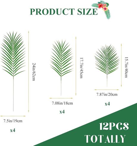12 قطعة من أوراق النخيل الاصطناعية من Gloreyan، سعف النخيل الصناعية بأحجام متنوعة لمحاكاة النباتات الاستوائية وأوراق السفاري مع سيقان لحفلات هاواي لواو وحفلات الزفاف وأعياد الميلاد in Kuwait