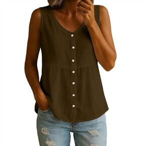 Women Summer Outfits Cotton Linen Button Down Tank | Womens Empire Waist Sleeveless Shirts Solid Color Loose Fit Blouses V Neck Gauze Tank Tops Business Casual Tees for Going Out in Kuwait