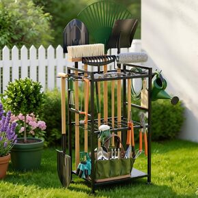 SPACECARE Garden Tool Organizer with Feet, Yard Tower Rack for Garage Organization and Storage, Up to 35 Long-Handled Tools/Rakes/Brooms, Heavy Duty Steel Garden Tool Stand for Shed, Outdoor, Black in Kuwait