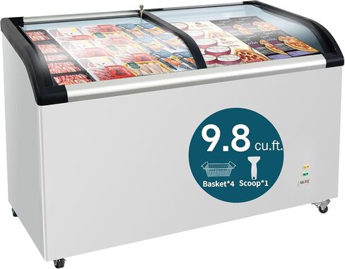 Curved Top Display Freezer 9.75 Cu.ft Sliding Glass Lid Ice Cream Freezers Commercial Mobile Chest Freezer with LED Lighting, 4 Removable Baskets, Anti-Fog Sliding Lid in Kuwait